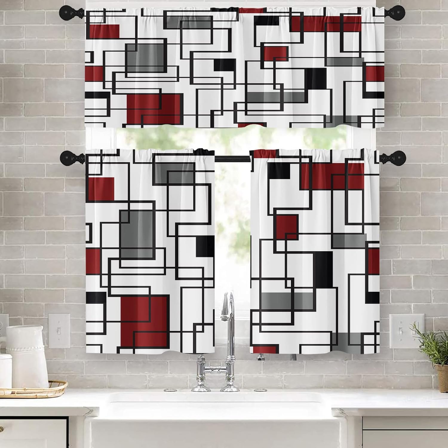 Emvency 36 Inch Kitchen Curtains Red and Black Geometric