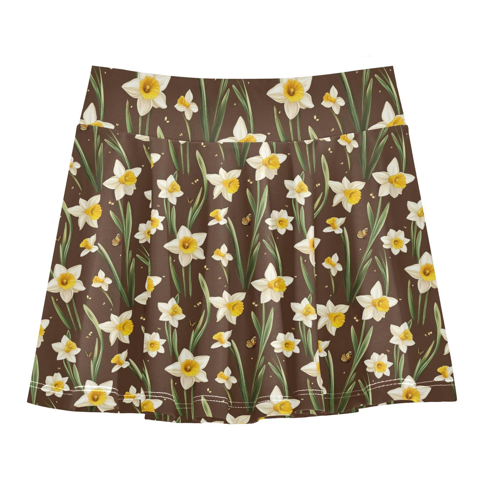 Daffodils Brown Girls Tennis Skirt with Built in Shorts Flowy Girl Golf Skirt Youth Pleated Skirt with Pockets 4-12Y