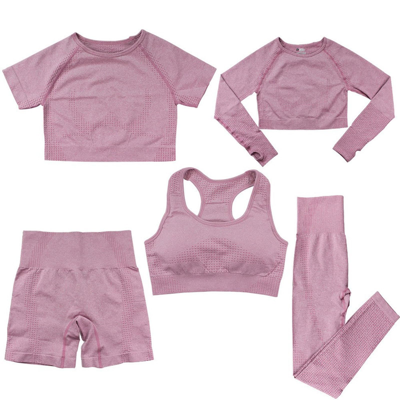 Generisch Set da yoga da donna, 5 pezzi, senza cuciture, con leggings, pantaloncini, reggiseno sportivo e magliette, set completo di abbigliamento sportivo per palestra