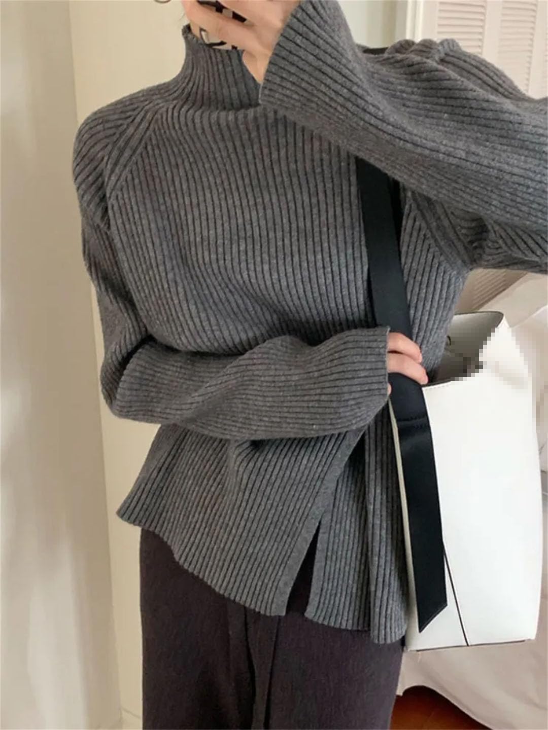 Maglioni da donna a collo alto irregolari con bottoni divisi maglione allentato solido pullover top