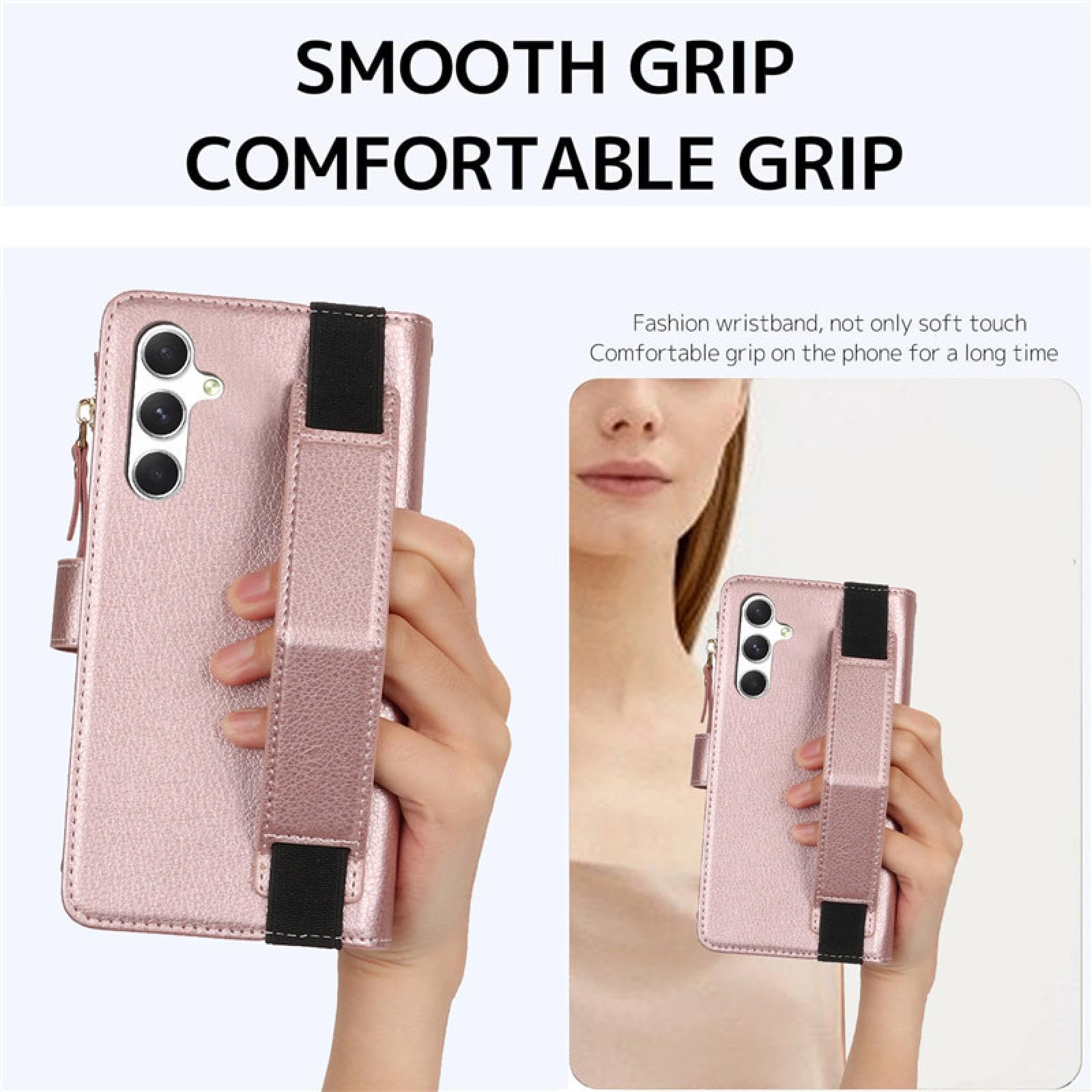 Für Samsung A72 (4G 5G) Handschlaufe Leder Reißverschluss Brieftasche Karte Handyhülle Lanyard Flip Cover (Für Samsung A72 (4G 5G)/schwarz)