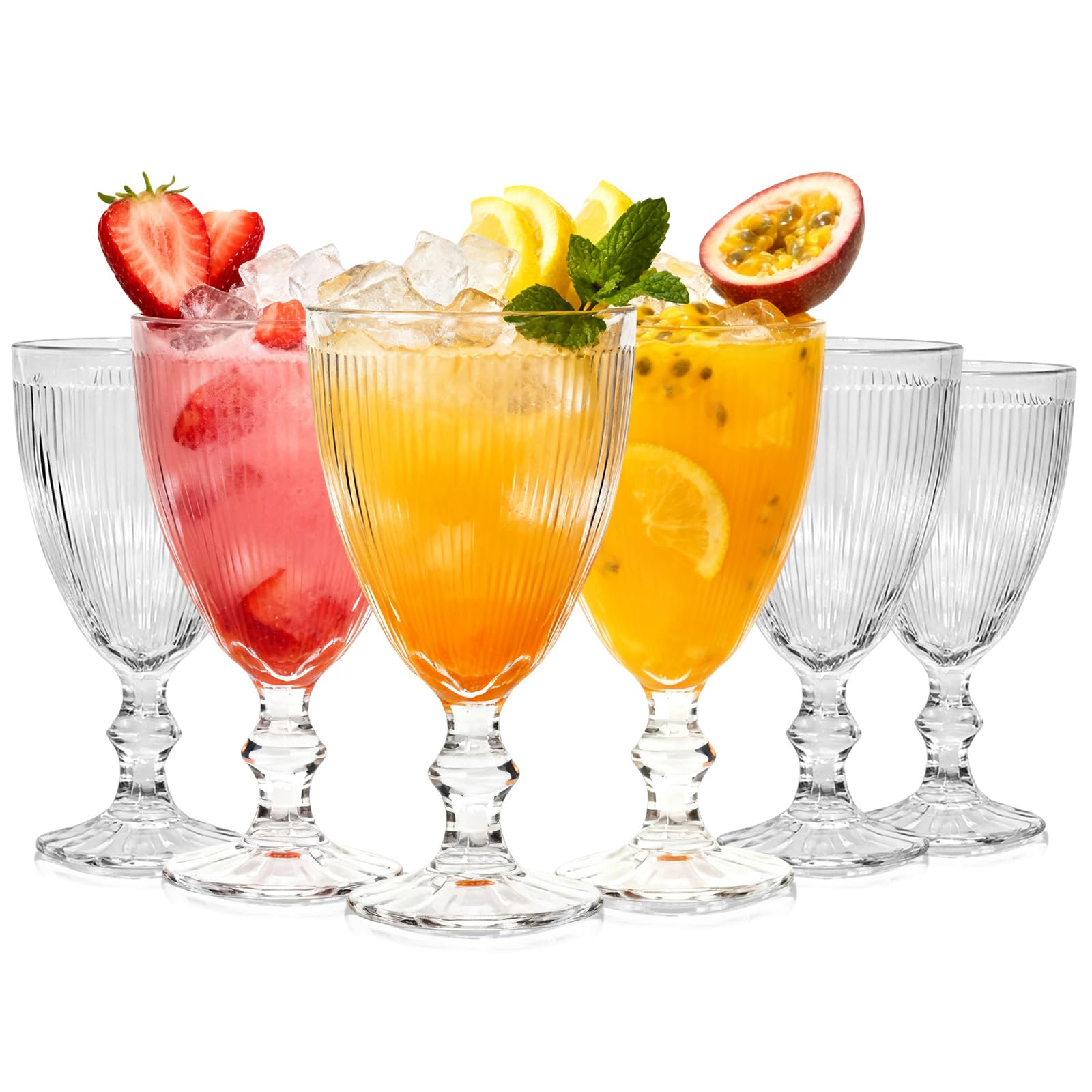 TOLASTO Iced Tea Goblet Glasses Set of 6,220ml Vintage Ribbed Drinking Goblets,Clear Stemmed Glasses for Juice,Cocktails,Lemonade,Water and Cold Drinks,Dishwasher Safe