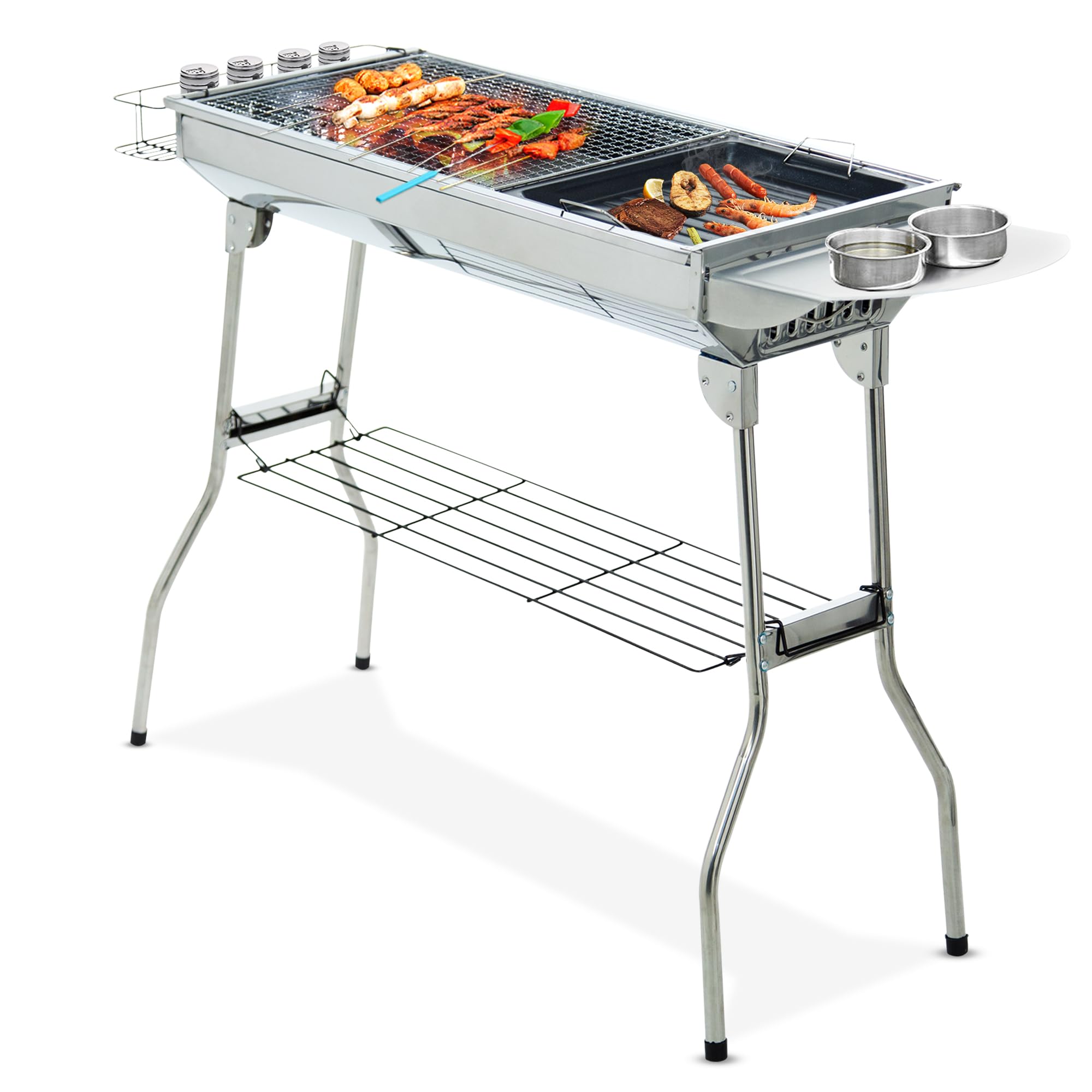 Asab Silver Portable Charcoal Bbq Grill For Easy To Setup Barbecue Grill Rust Resistant Stainless Steel Charcoal Bbq Folding Bbq Barbeque Grill Outdoor Cooker For Picnic Terrace Camping Travel Freestanding Extra Large