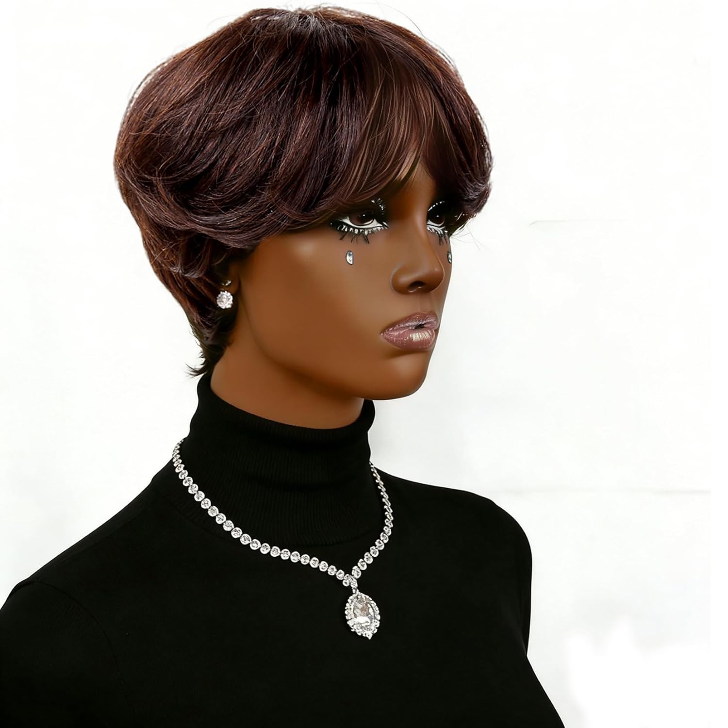 Pixie Cut Wigs for Black Women Short Wavy Brown Layered Bob Pixie Cut Wig Human Hair with Bangs None-Lace Glueless Wear and Go Brazilian Virgin Remy Hair Full Machine Made Wig