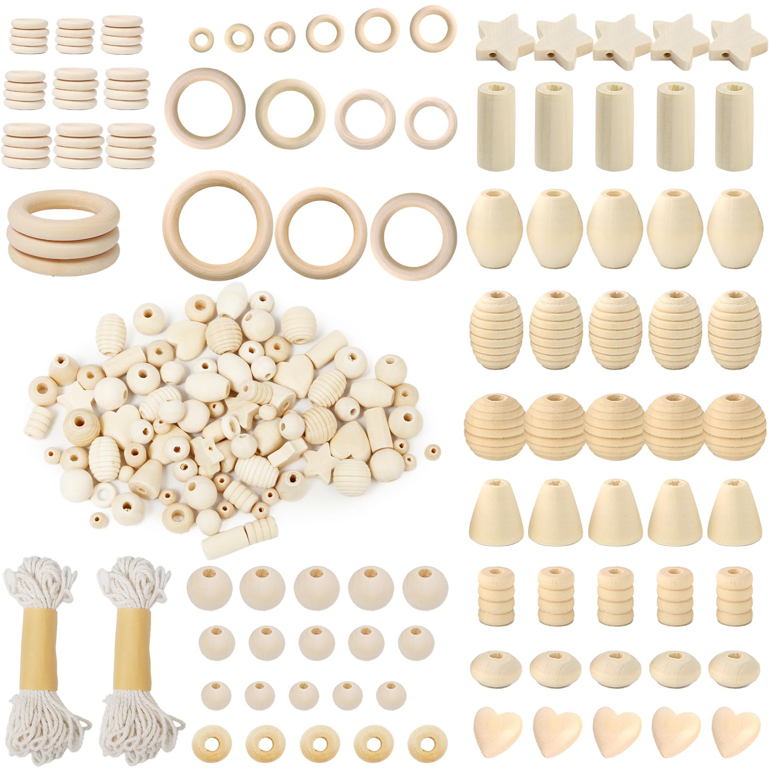 Keboyoe 147 piezas Cuentas de Madera Macramé Juego de Anillos y Bolas de Madera para Manualidades Incluye Cuentas Redondas Estrellas y Formas de Amor para Manualidades de Macramé