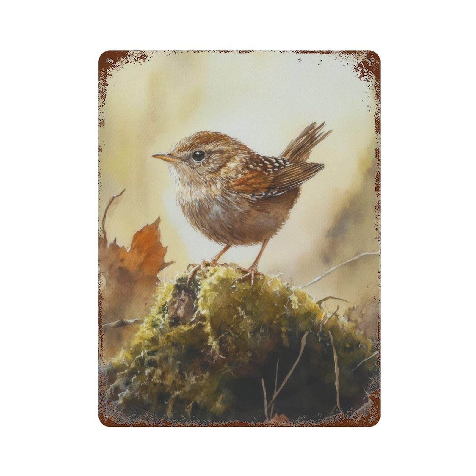 Wren on A Mossy Mound Watercolor Cottagecore Decor Dark Academia Enchanted Wildlife Illustration Vintage Nature Wall Decor Art Metal Tin Poster Modern Home Decor Art Home Bar Shop Decorations Vintage