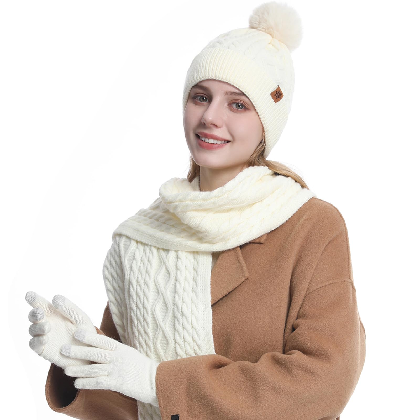 MAZELIKEHOOD Set Sciarpa Cappello Guanti Donna Inverno Caldo Cappello di Bobble con Sciarpa a Maglia e Guanti Tessuto Morbido e Comodo Moda Accessori Invernale Ideale per Regalo di Natale