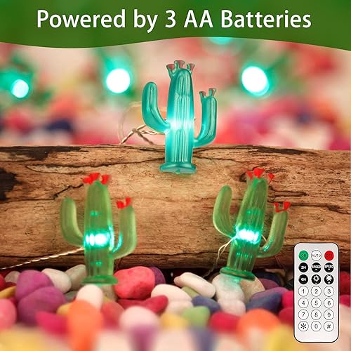 Miniatura 2 de Impress Life Guirnalda de luces de cactus y suculentas, 10 pies, 40 luces LED de hadas de cactus y saguaro, funciona con pilas, control remoto para