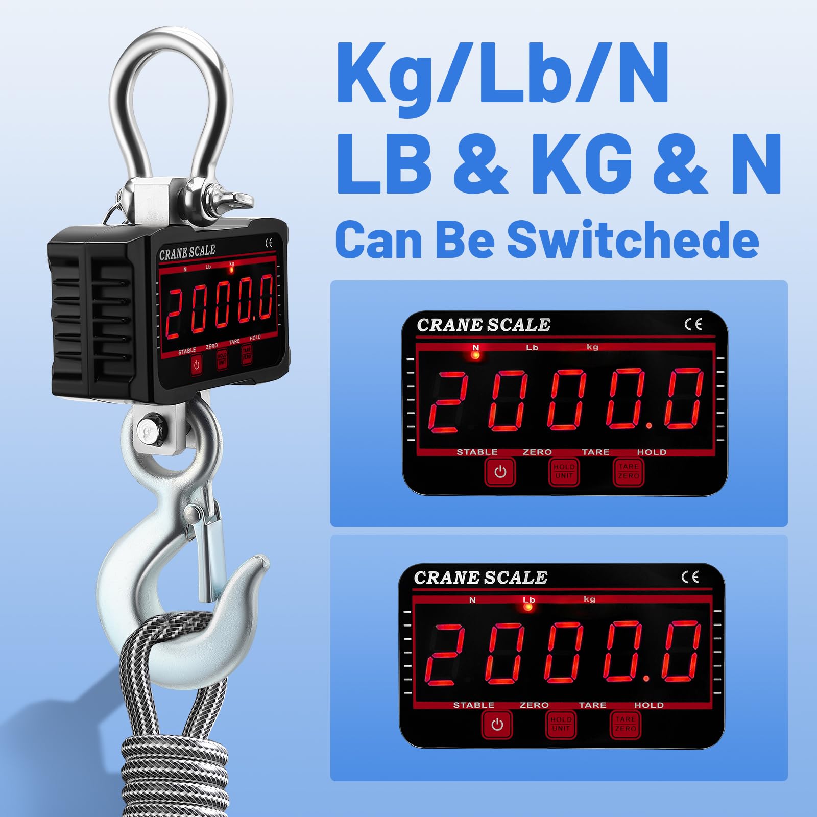 Kranwaage 2000kg/4000 lbs, Elektronische Digitale Hängewaage, 2T Hängewaage, Heavy Duty Industrie Hängende Waage mit Groß LCD Bildschirm und Fernbedienung für Bauernhof, Fabrik,BAU,KG/LB/N