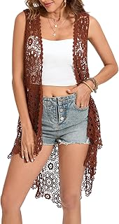 Women's Casual Long Crochet Vest Loose Fit Boho Lace Cover up High Low Sleeveless Cardigan - Buy now