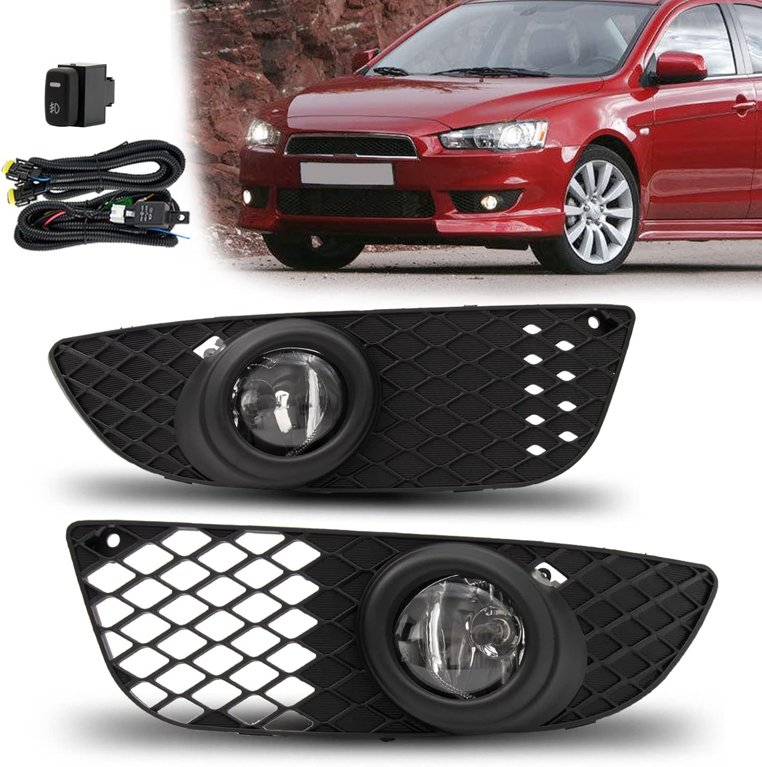 Fog Lights Lamps Replacement for 2008-2014 Mitsubishi Lancer Sedan 4-Door Fog Light Compatible with H11 12V 55W Bulbs Switch and Wiring Kit