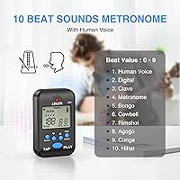 Vista 2 de LEKATO Metrónomo digital, mini metrónomo electrónico LCD recargable, voz humana, clip, 10 sonidos de ritmo, volumen ajustable, metrónomo M65 Negro