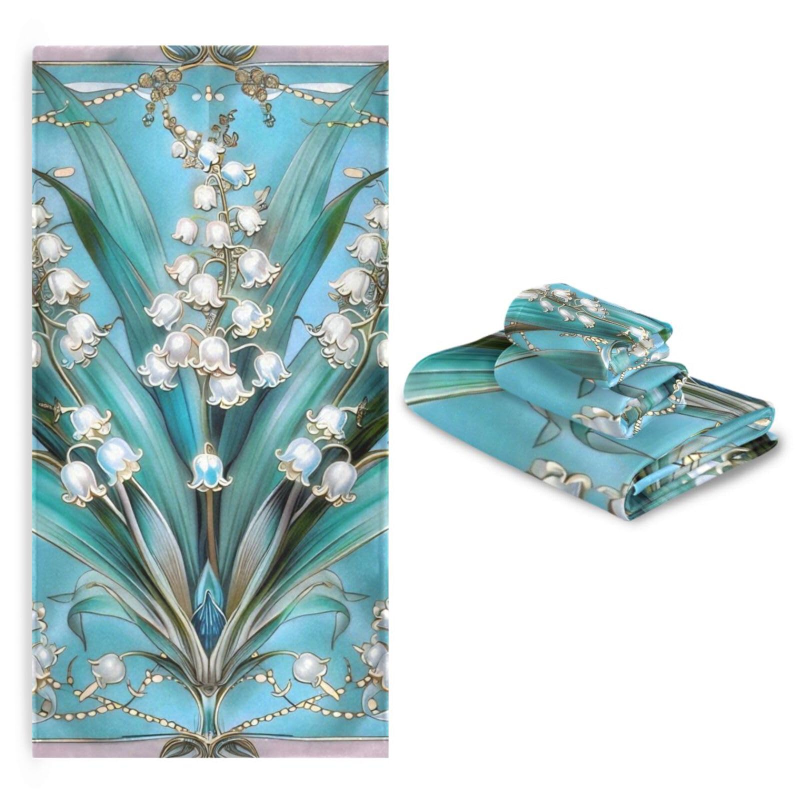 Boho Lily Of Valley Floral Blue Doccia Asciugamani Viso Set 3 Pezzi, 1 Asciugamano da Bagno 1 Asciugamano 1 Asciugamano per il corpo Viso Bagno