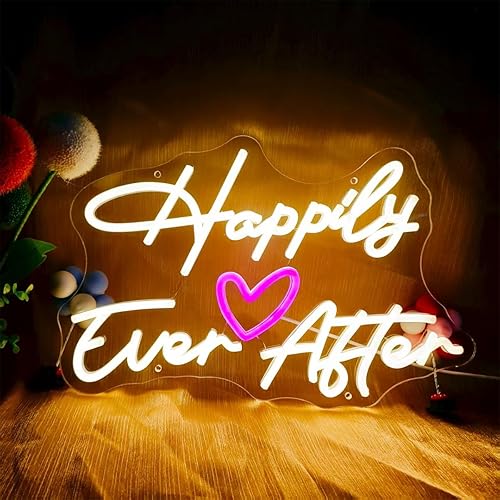 Letrero de neón con corazón de Happily Ever After, alimentado por USB, para dormitorio, con texto en inglés "Happily Ever After", para boda, fiesta