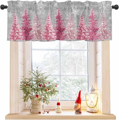 Miniatura 9 de TOUBE Cortina de cenefa para ventana, árbol de Navidad rosa, copos de nieve, cenefa de ventana con bolsillo para barra, cenefa de ventana para
