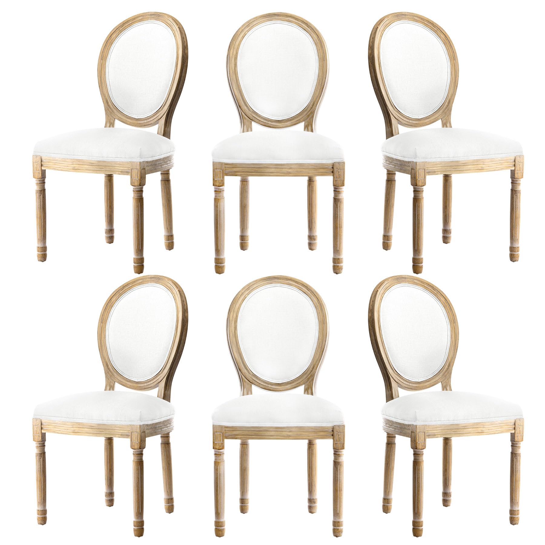 HomeMiYN French Dining Chairs, Upholstered Linen Fabric Chair with Round Back, Retro Elegant Classic Kitchen Chairs with Carved Legs for Dining Room Living Room,Set of 6