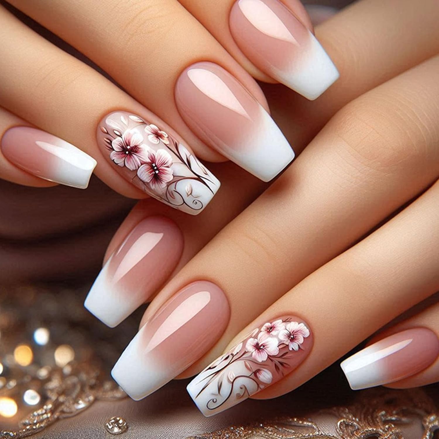 Gradient Coffin Press on Nails Medium Fake Nails with Flower Designs Nails Press ons Nude White Ombre Glue on Nails Glossy Acrylic Nails Simple False Nails Spring Summer Stick on Nails for Women 24Pcs