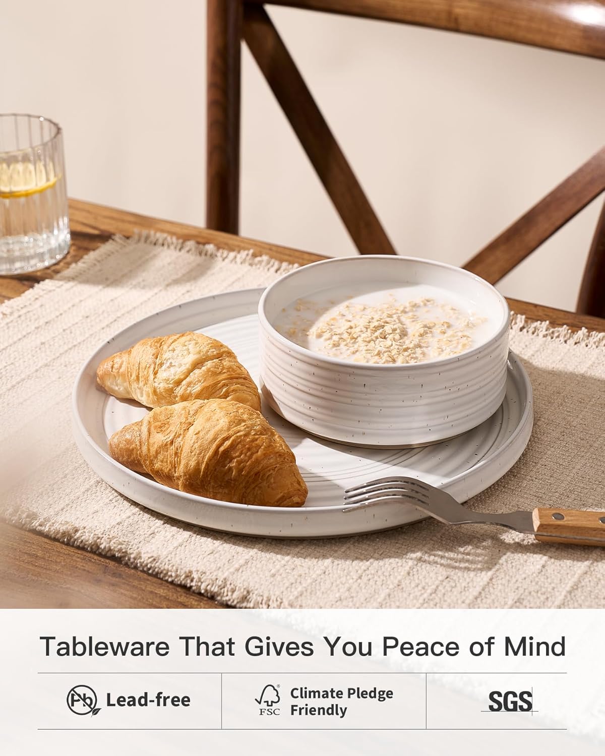 12-Piece Stoneware Dinnerware Set – High Edge Plates and Bowls with Reactive Glaze, Speckles & Spirals, Scratch Resistant Dishes, Dishwasher Safe, Modern Rustic, Service for 4, White