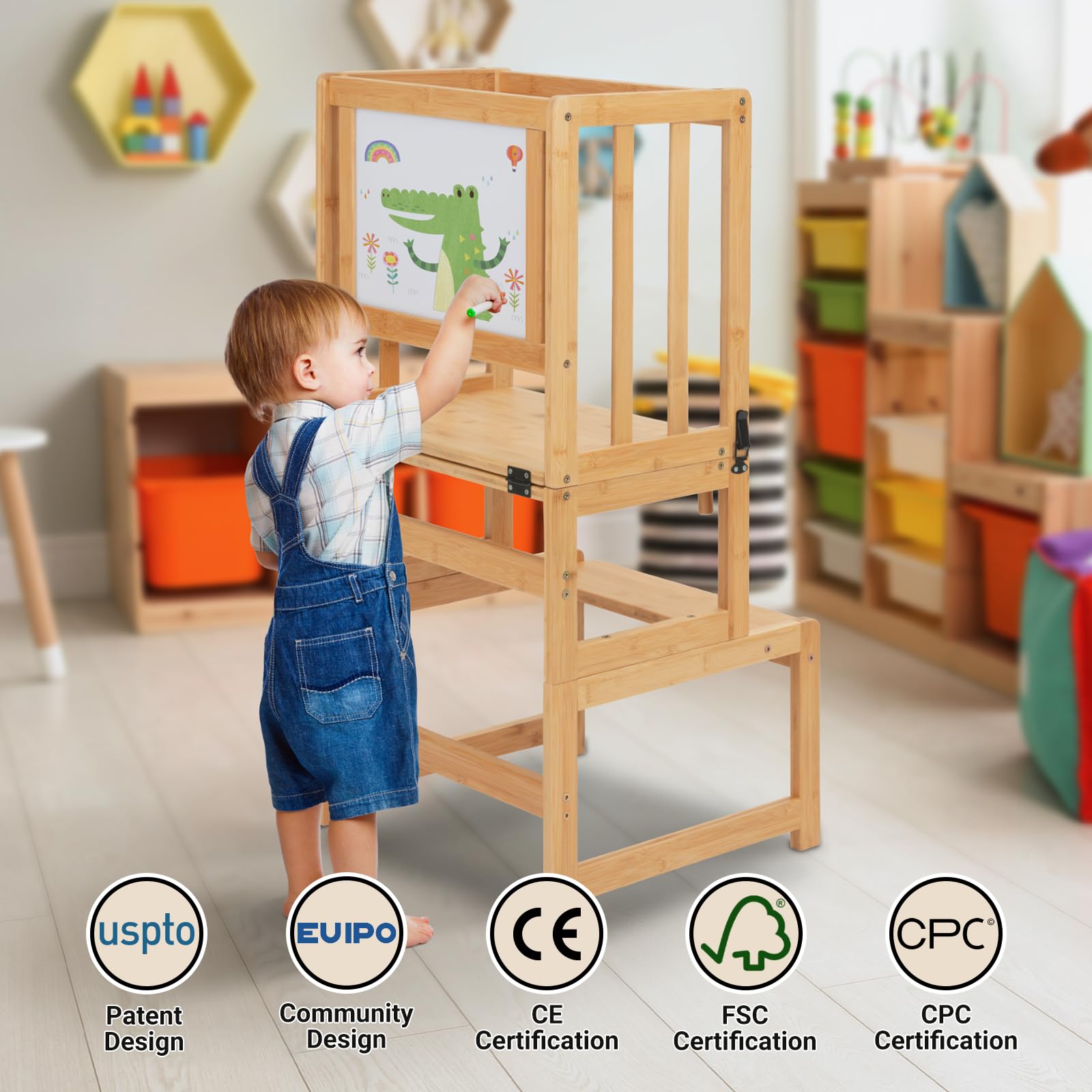 COSYLAND Tabouret de Cuisine 3 en 1 pour Enfant – Tour Debout Convertible avec Tableau Blanc pour Enfants – Aide au comptoir de Salle de Bain pour Enfants – Tabouret d'apprentissage pour Les mères