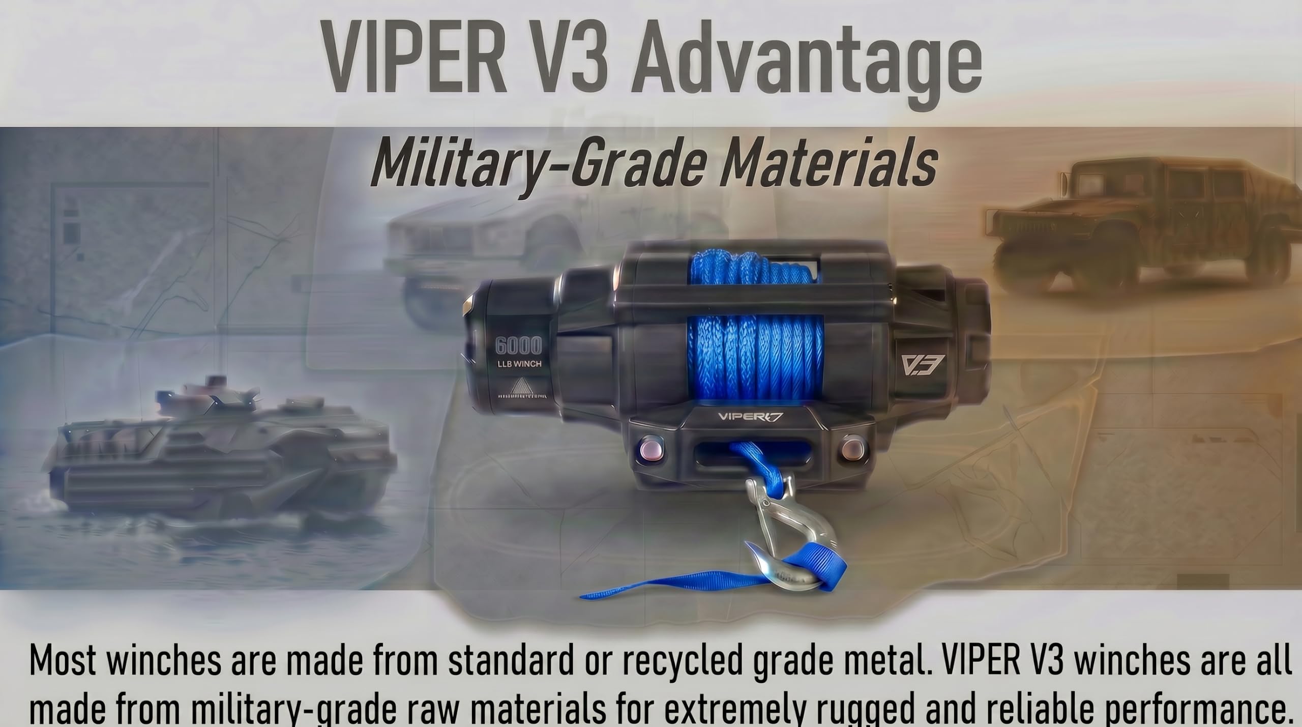 Verricello VIPER V3 40000 libbre UTV/ATV di grado militare con corda sintetica blu da 40 piedi. Wireless e impermeabile IP68. USA Powersports Company.