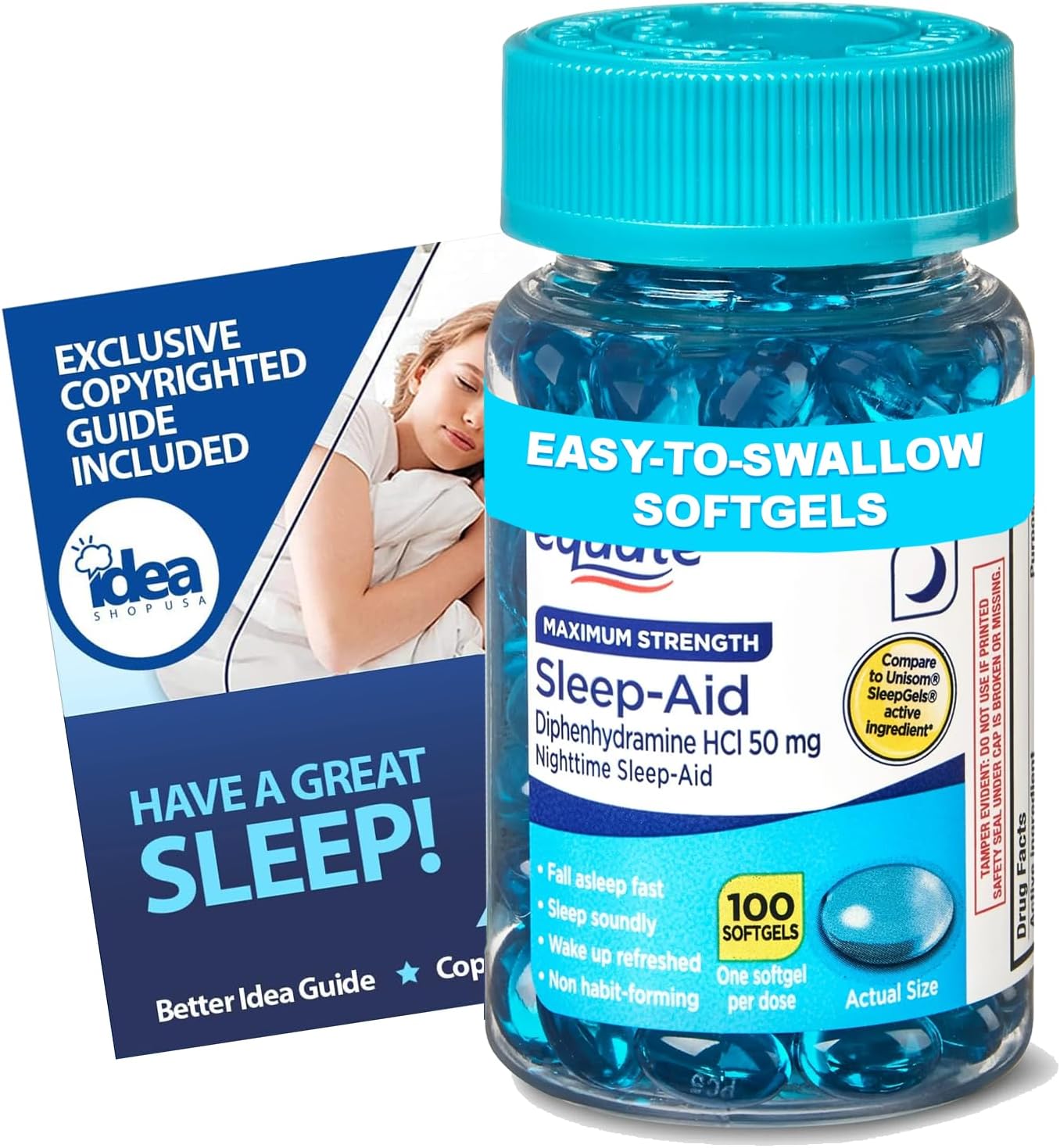 Nighttime Sleep Aid Diphenhydramine HCl 50mg, 100 Softgels – Maximum Strength OTC Sleep Support for Occasional Sleeplessness – Non-Habit Forming + Better Idea Guide Included