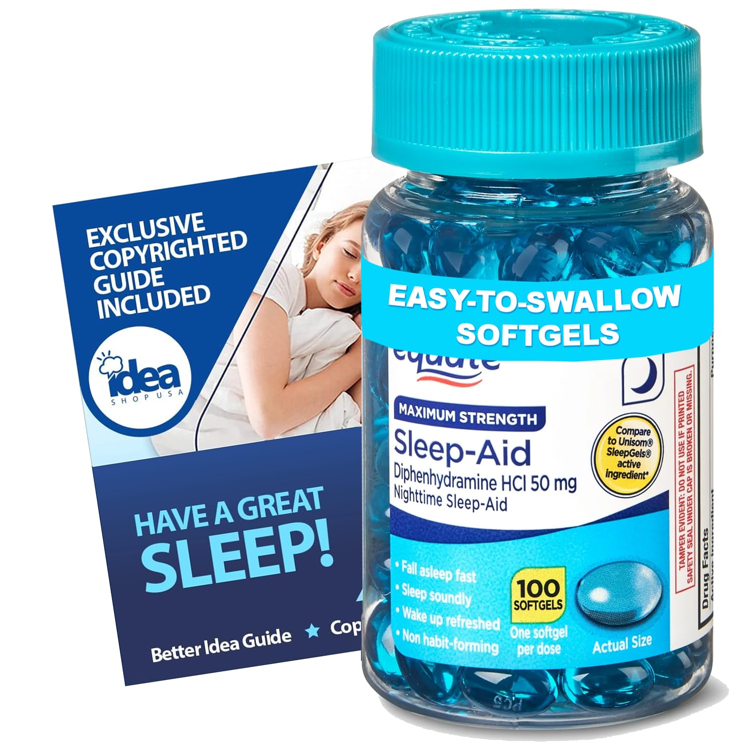 Nighttime Sleep Aid Diphenhydramine HCl 50mg, 100 Softgels – Maximum Strength OTC Sleep Support for Occasional Sleeplessness – Non-Habit Forming + Better Idea Guide Included