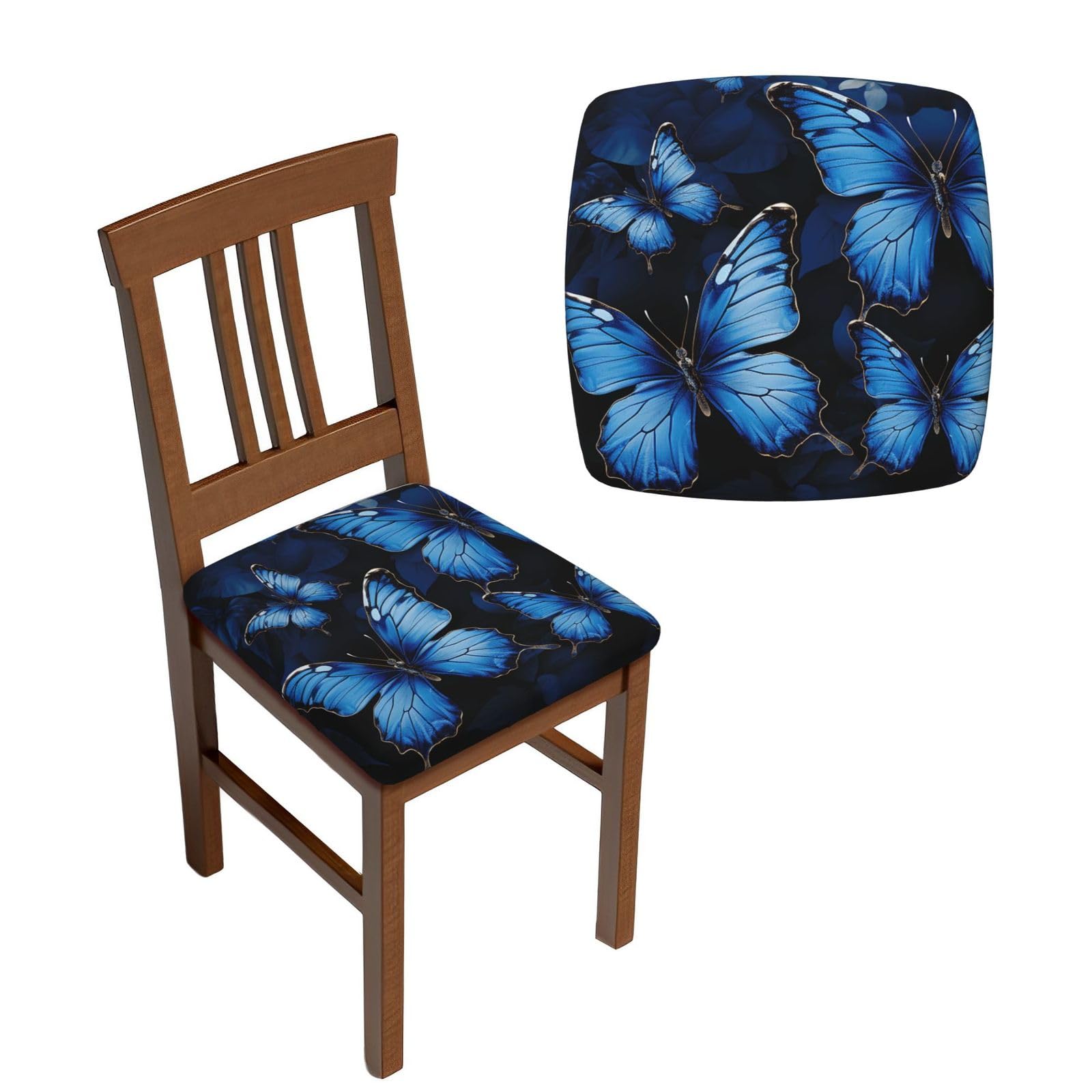FodPand 4PCS Dining Chair Covers for Dining Room Dark Blue Butterflies Chair Seat Cover Stretch Parsons Chair Slipcover Removable Washable Seat Cushion Slipcovers Cover for Kitchen Office