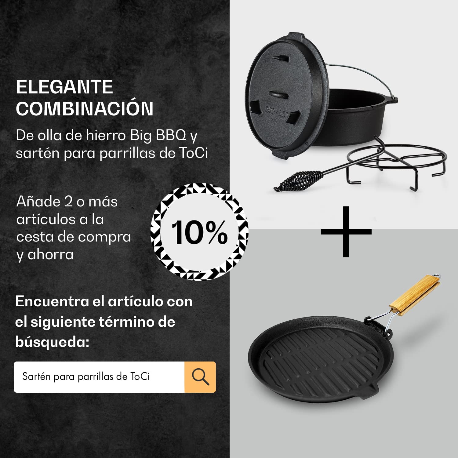 Big-BBQ - Cacerola de acero fundido, hierro fundido, negro, 12er - 9.0qt