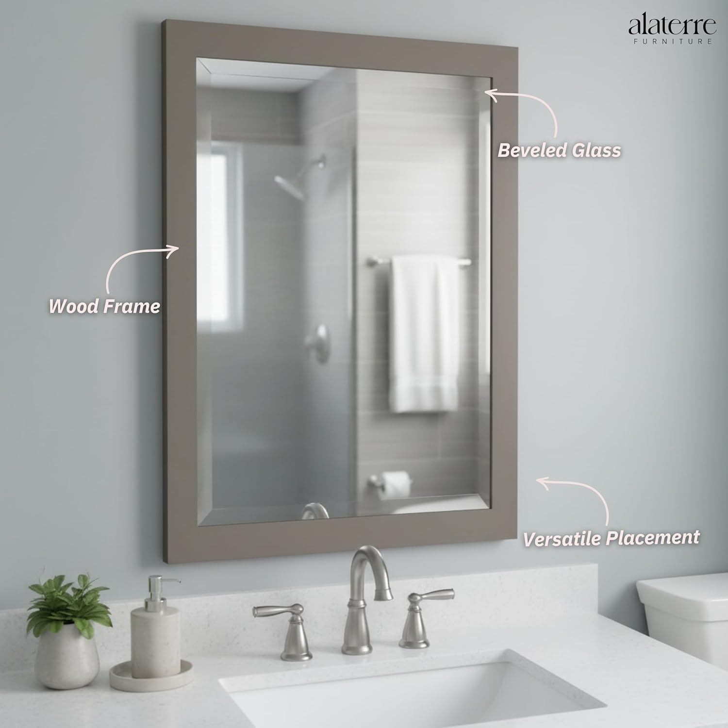 Alaterre Furniture 24" x 30" Bathroom Vanity Mirror with Beveled Glass – Wood Framed Wall Mirror for Bathroom, Powder Room or Laundry Room, Hanging Hardware Included (Dove Gray)