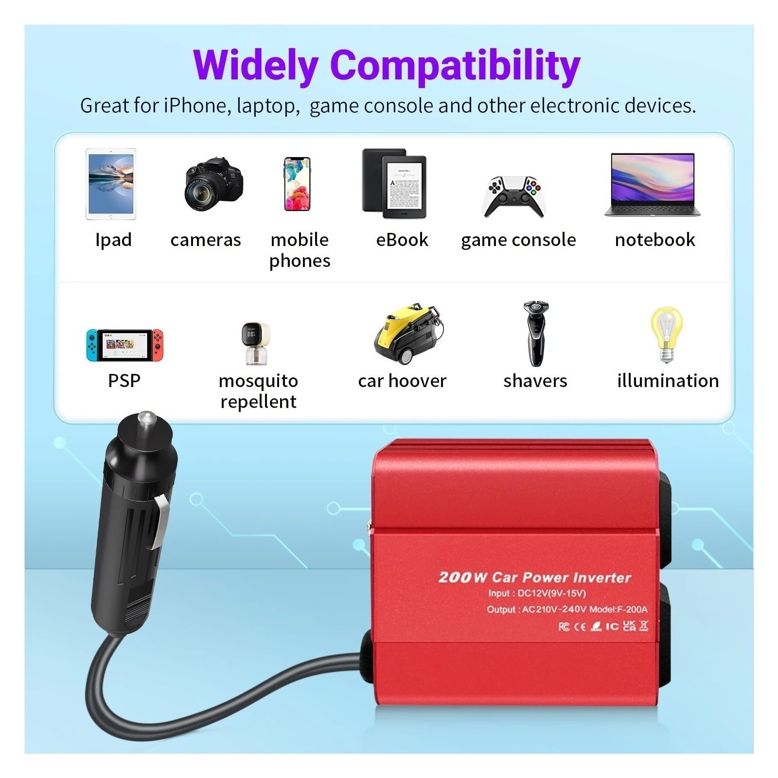 Convertidor Adaptador Inversor Coche 300W 200W Portátil 12V 220V 240V Convertidor Encendedores Cigarrillos Salida USB Carga Rápida Teléfono/PC/cámara inversor