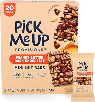 Pick Me Up Provisions Mini Peanut Butter Dark Chocolate Nut Bar, 20 Bars, Perfect for Lunches, Protein Snack