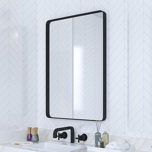 VocalStar Espejo de baño con marco de metal negro de 24 x 36 pulgadas, espejos de tocador de pared rectangulares redondeados, casa de campo moderna,