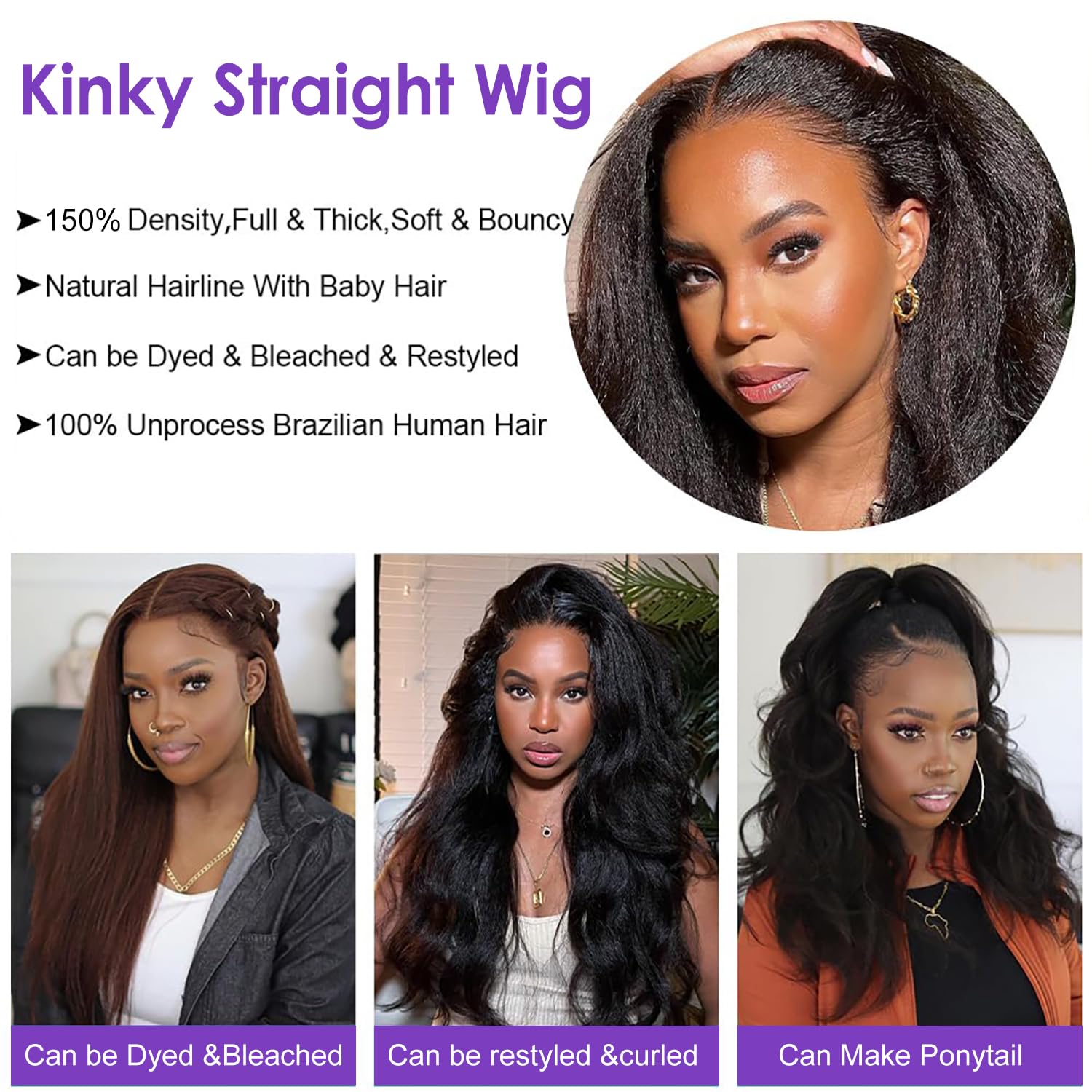 Yaki Straight HD Transparent Human Hair Wigs for Black Women 4x4 Kinky Straight Lace Front Wigs Pre Plucked with Baby Hair 180% Density 24 Inch - Image 3