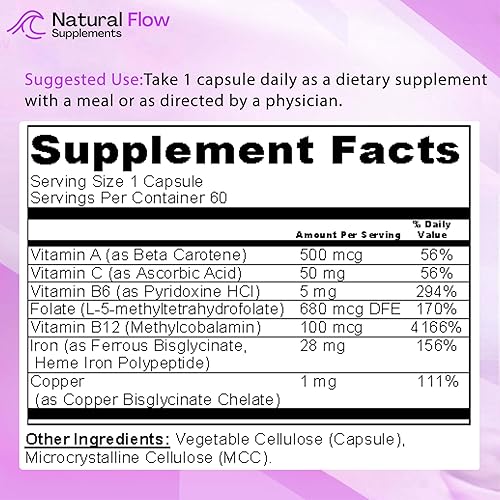 Miniatura 8 de Suplemento de hierro Complejo completo 2 en 1  Flujo natural 2X Heme y quelado no hemo hierro bisglicinato, folato, B y vitamina C, para anemia y
