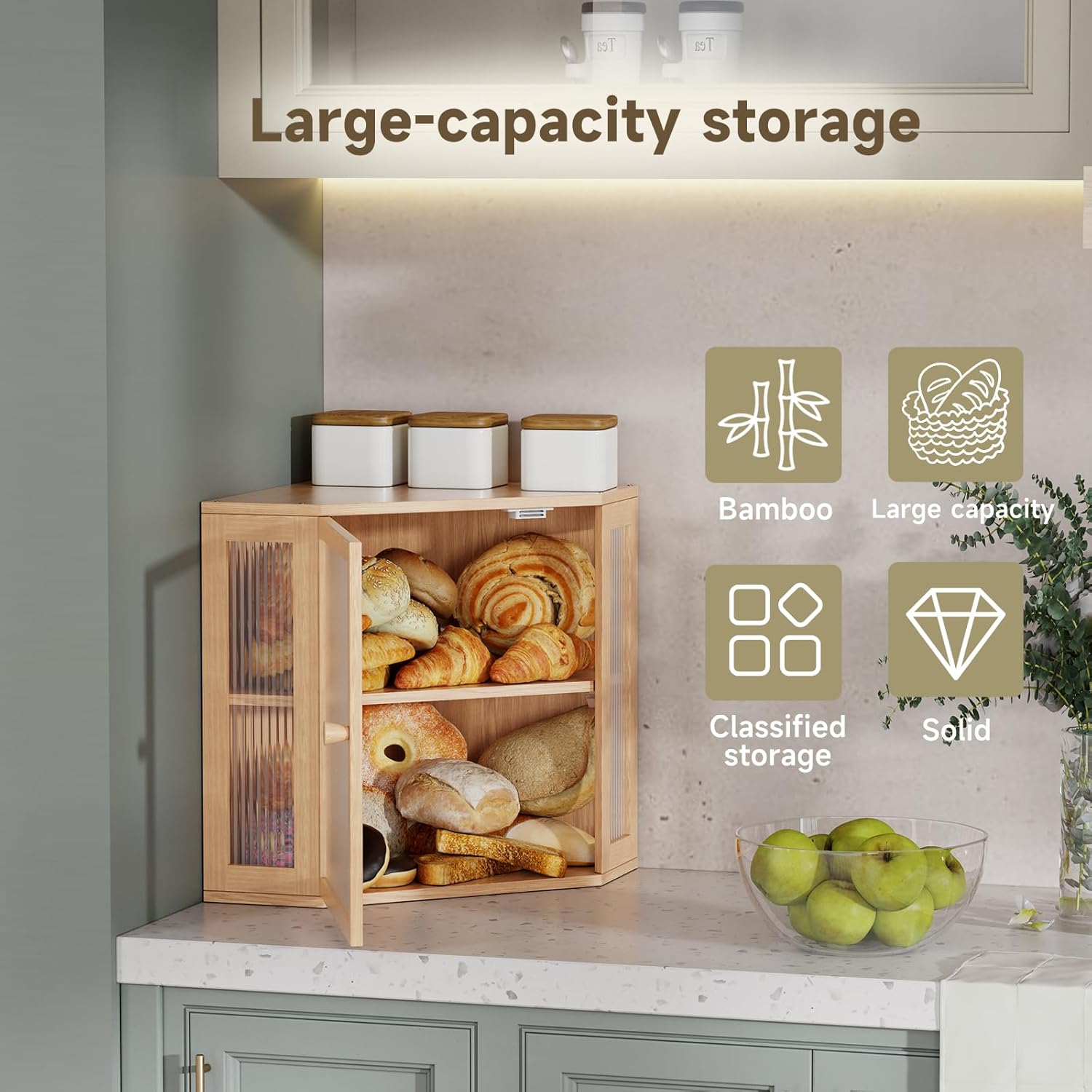 Corner Bread Box for Kitchen Countertop,Double Layer Large Capacity Bread Storage Bin, Bamboo Bread Container with Acrylic Door (Natural, Mediun)