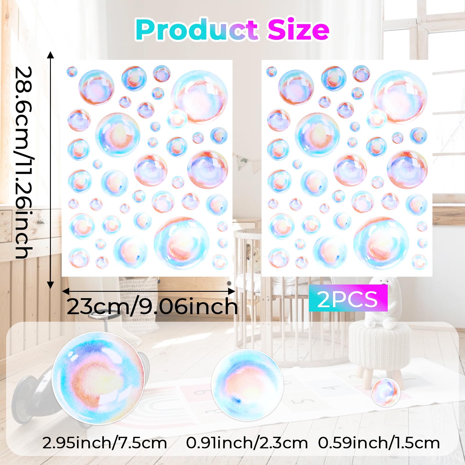 2 PCS Colorful Bubbles Stickers, Ocean Bathroom Decor, Bubbles Wall Decal Mermaid Decor Cutouts Ocean Bubble Stickers for Mermaid Baby Shower Kids Room Bathroom Wall