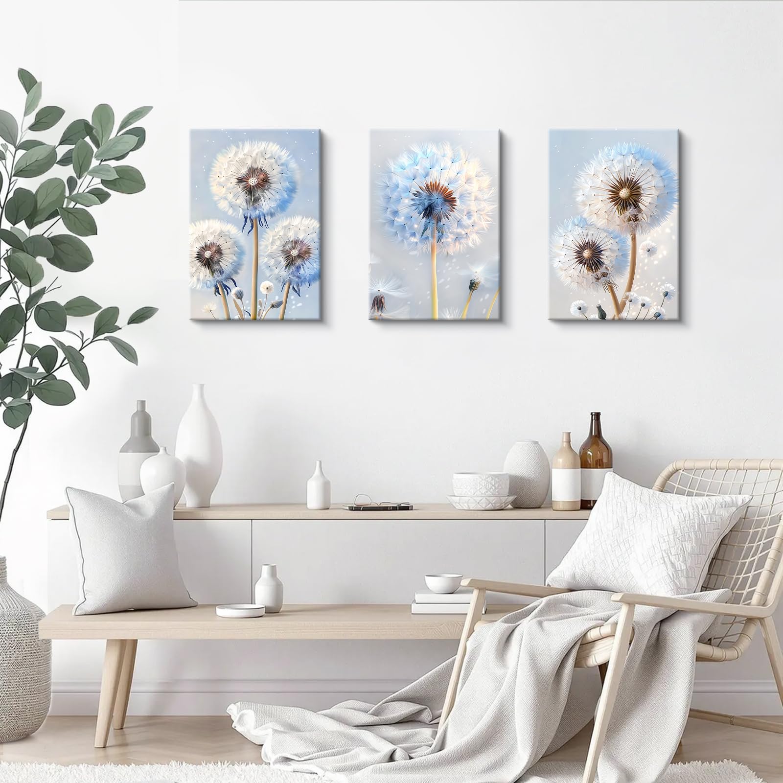 3 Pcs Blue White Fantasy Dandelion Canvas Wall Art - Image 3