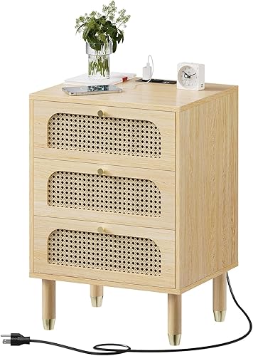 Miniatura 9 de VINGLI Juego de 2 mesitas de noche de ratán con estación de carga, mesita de noche de roble de 27 pulgadas de alto con 3 cajones para dormitorio,