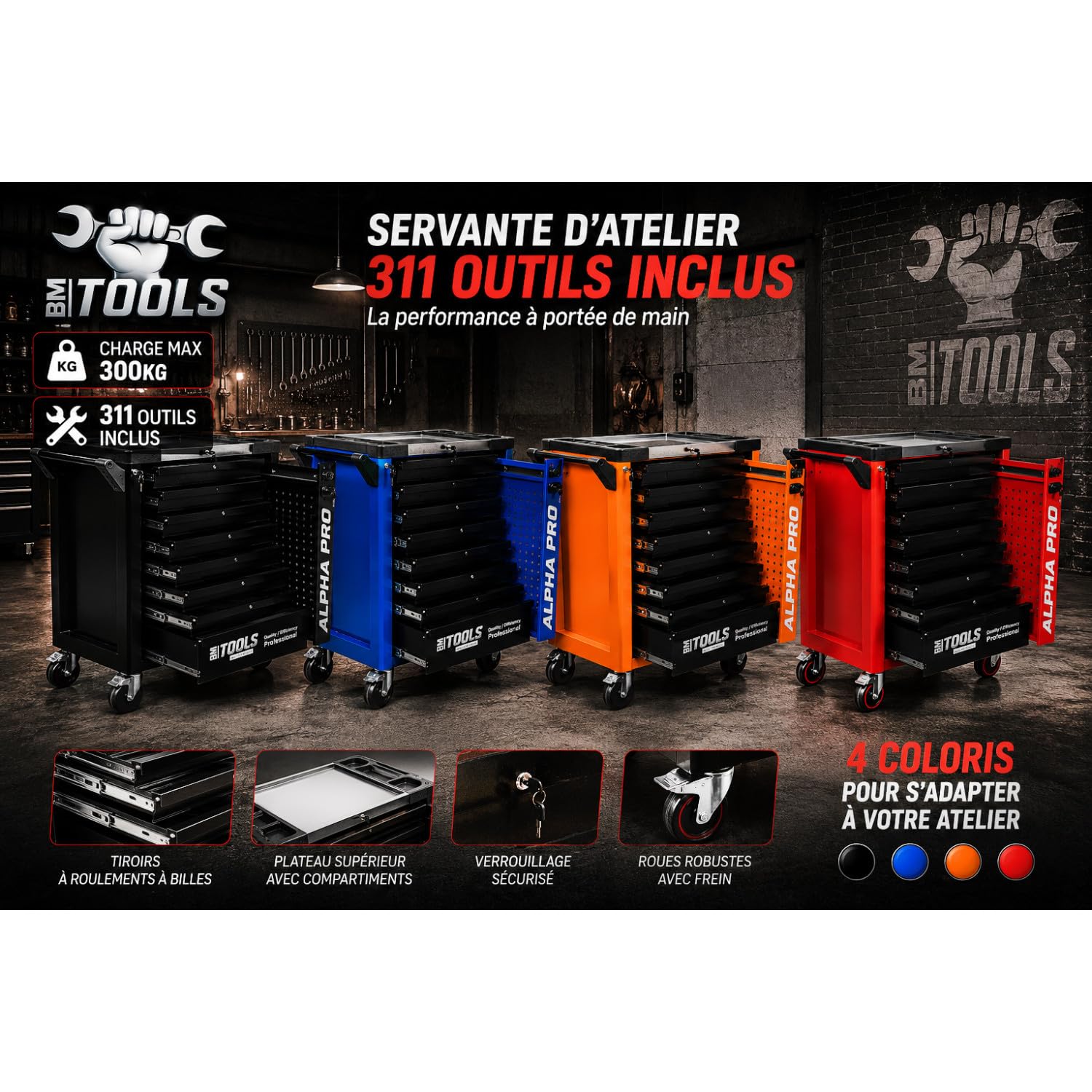 BM TOOLS Servante d'Atelier Garage Automobile Alpha-Pro - 9 Tiroirs - 311 Outils, 4 Roues, 2 Freins, Chariot Mecanicien - Rouge