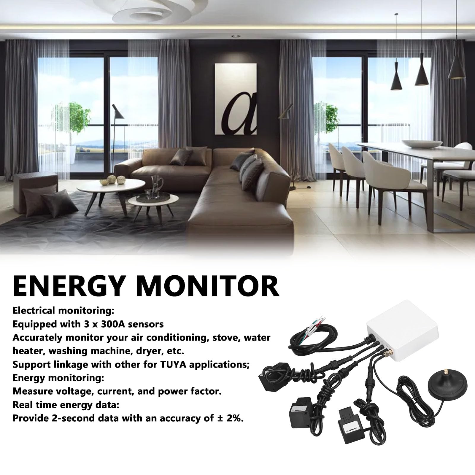 Yosoo Health Gear 3-Phasen-Zangenmessgerät, ABS-Strommessgerät mit 3 X 300-A-Sensoren, Echtzeit-Überwachung des Spannungs-, Strom- und Leistungsfaktors, für den Energieverbrauch zu Hause und für