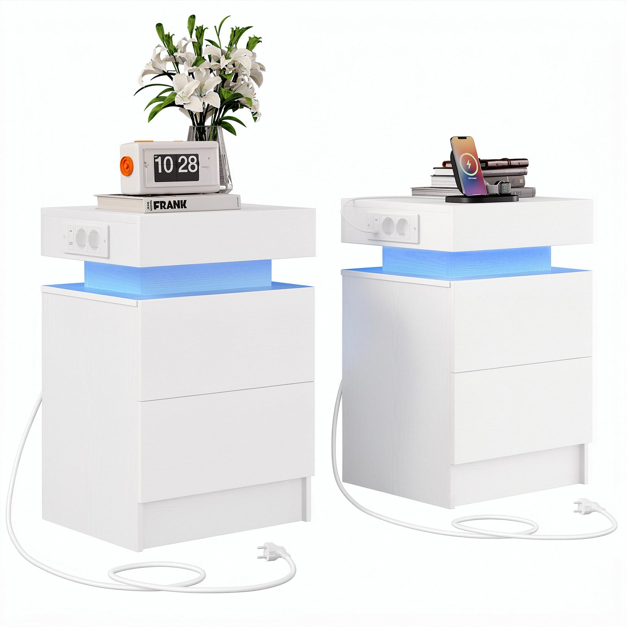 IRONCK Nachttisch 2er Set, Nachtschrank mit LED-Beleuchtung