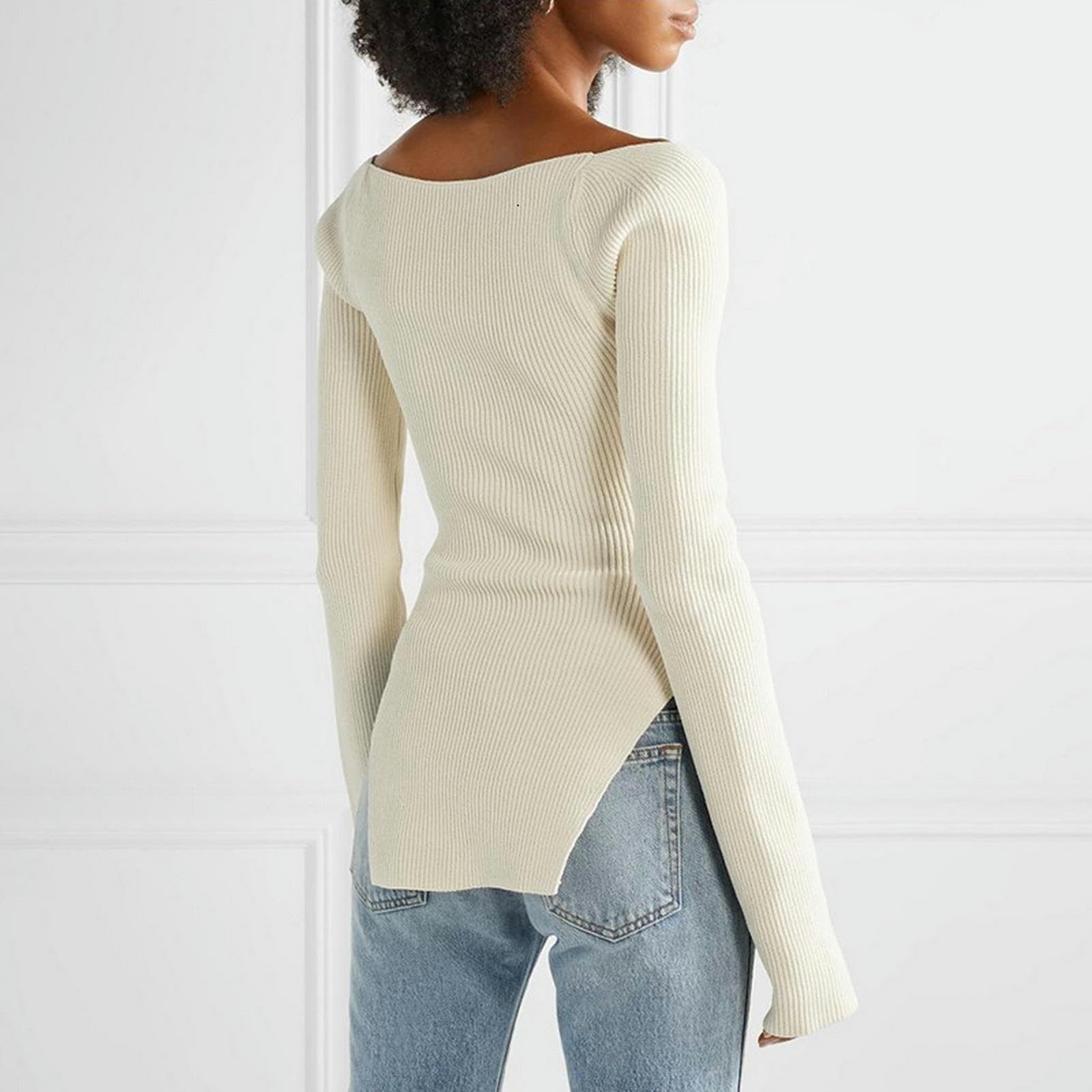 TEidea Rebeca Mujer Verano Autumn Fashion: Suéter De Punto Dividido De Lado Blanco con Cuello Cuadrado Y Mangas Largas para Mujeres-Blanco-S