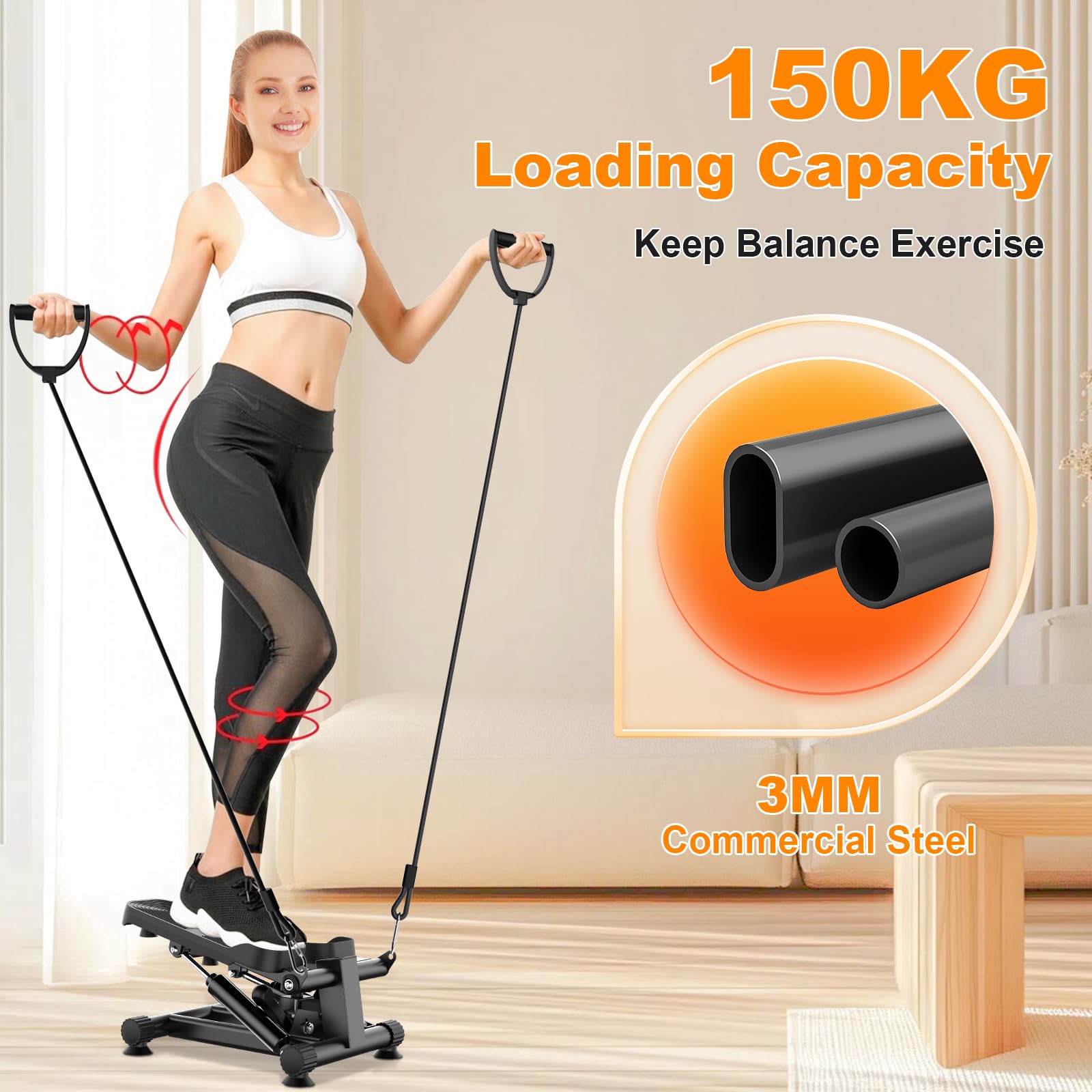 Dskeuzeew Stepper 2 in 1 per Casa Con Power Ropes, Mini Cyclette Con Display LED, Sistema Idraulico per Allenamento Gambe/Braccio/Glutei, Carico Massimo 150 kg