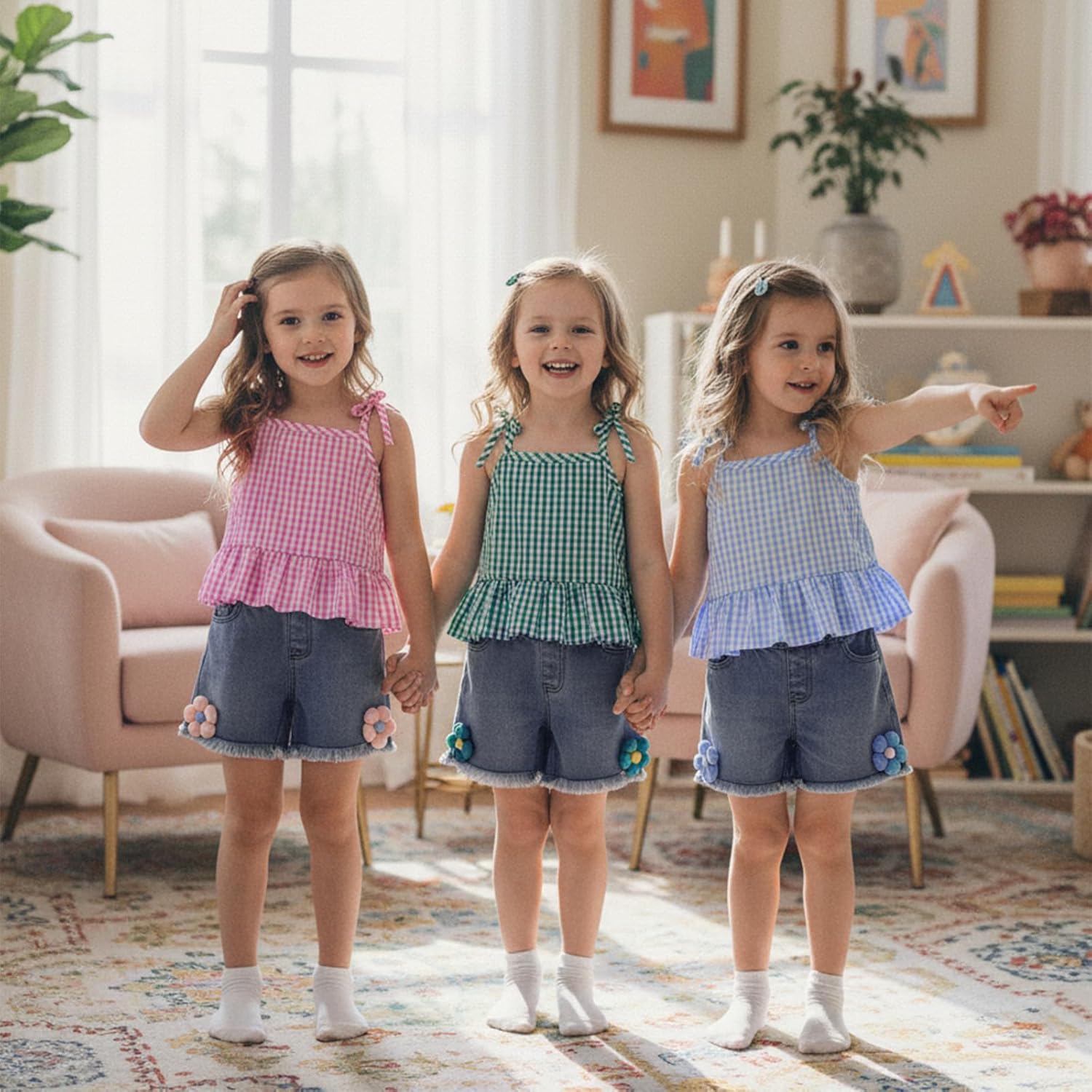 VISGOGO Toddler Baby Girl Summer Denim Outfits Flower/Fruit Jeans Shorts Sleeveless Plaid Tops Kids Girl Linen Clothes Set - Image 2