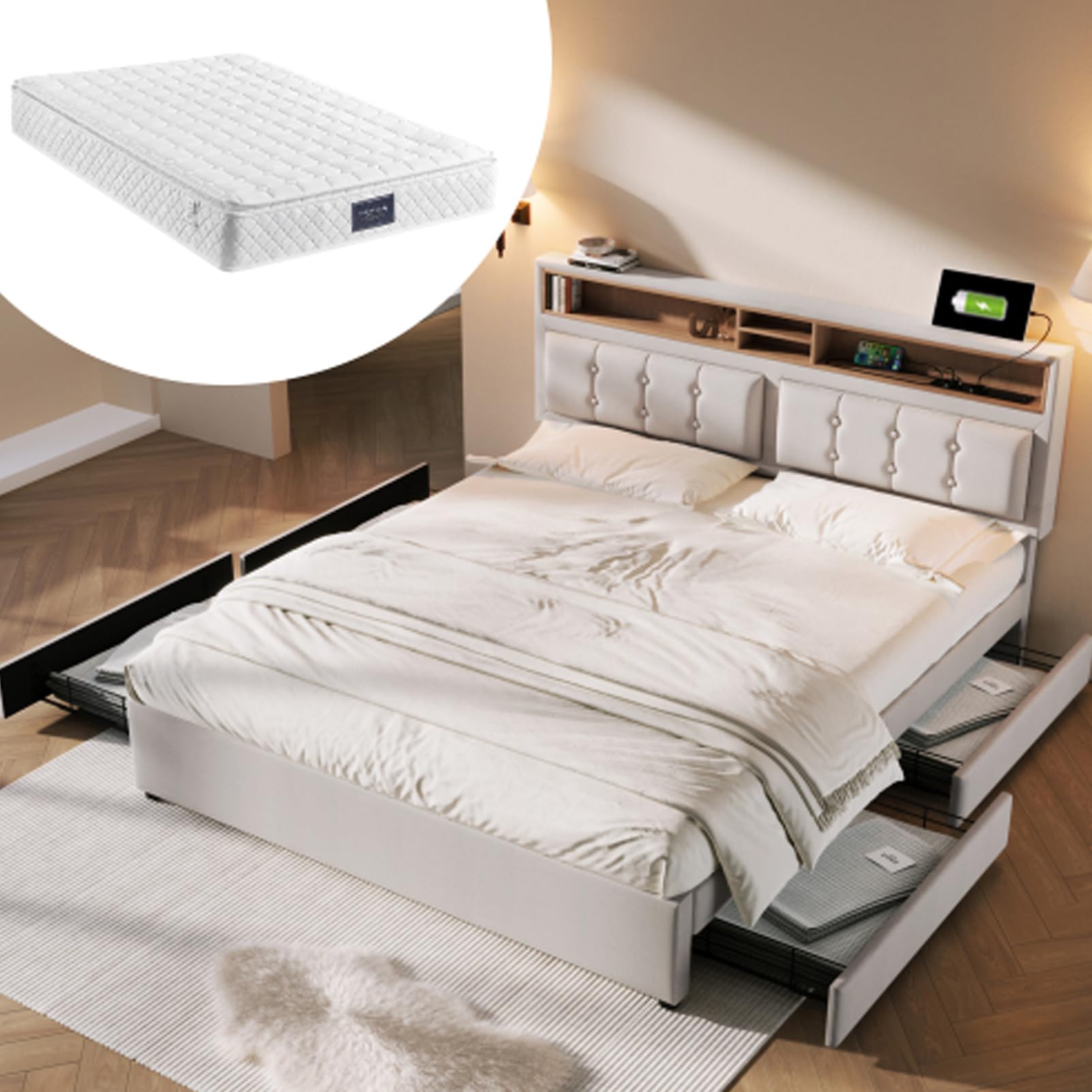 Letto Imbottito Con 4 Cassetti Letto Matrimoniale Presa USB C Letti Ragazzi Per Adulti Testiera Regolabile In Altezza Letto Contenitore Rete A Doghe Legno Letto Ospiti Beige 140x200 Cm Con Materasso