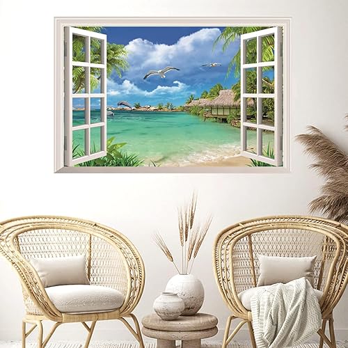 Miniatura 7 de Calcomanías de pared para ventana de paisaje marino, criaturas oceánicas, calcomanía de pared falsa para ventana, paisaje verde, 3D, autoadhesivo,