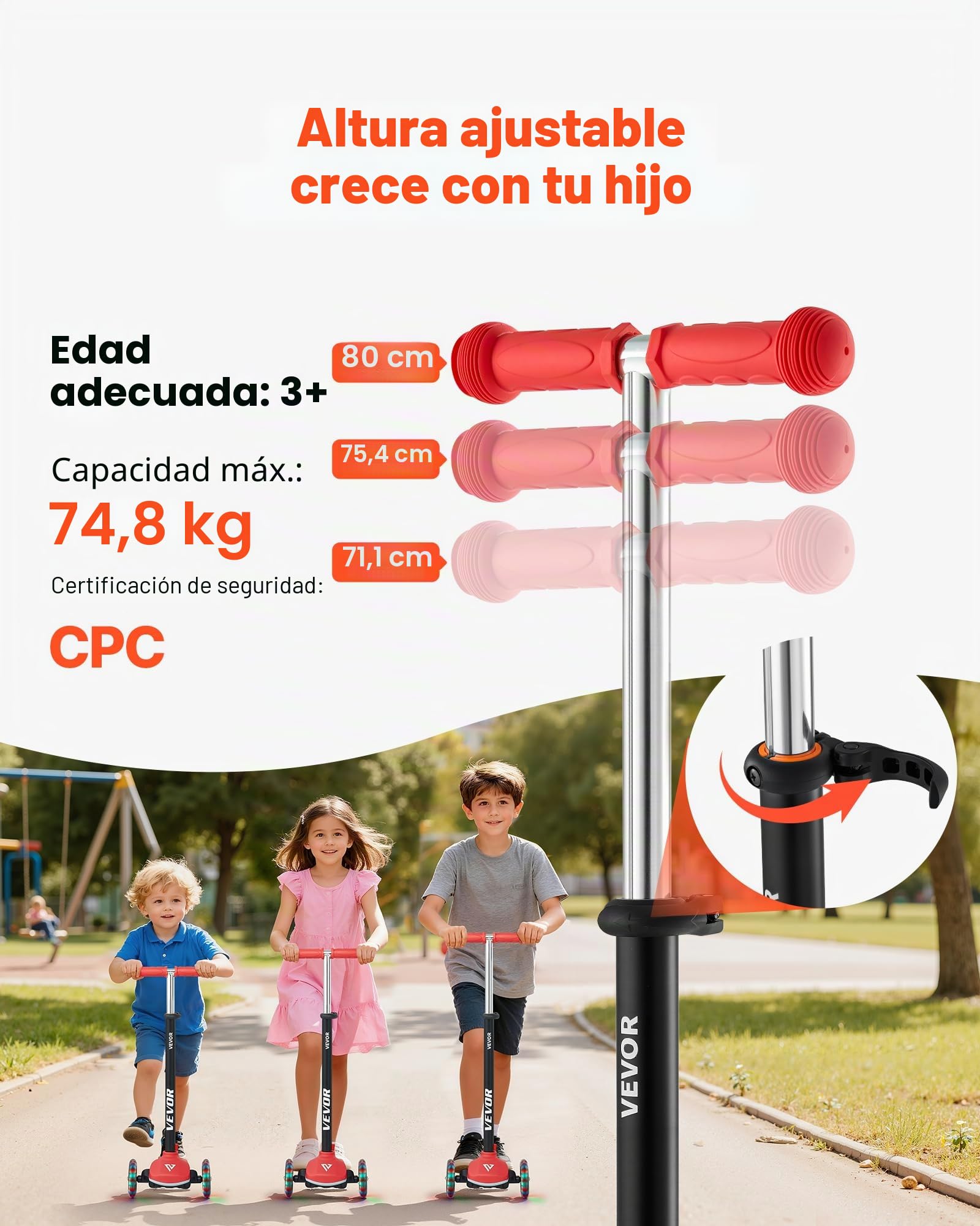 VEVOR Patinete 3 Ruedas, para Niños de 3 Años en Adelante, Ruedas Iluminadas, Manillar de Altura Ajustable, Base Antideslizante y Cuadro de Aluminio Ligero, hasta 75 kg, Rojo, 520 x 250 x 800 mm