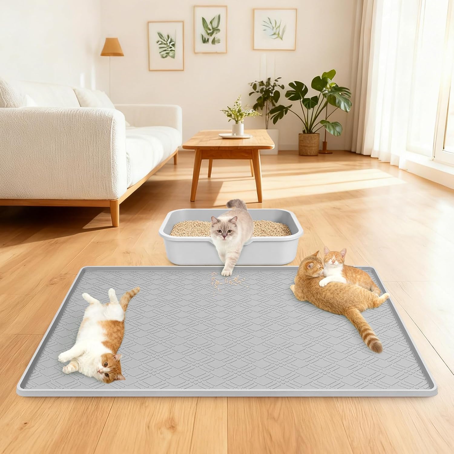 42" x29" Cat Litter Mat Lanstics Cat Mat for Litter Box Large Silicone Litter Box Mat for Kitty Scatter Control Floor Protect (Light Grey)