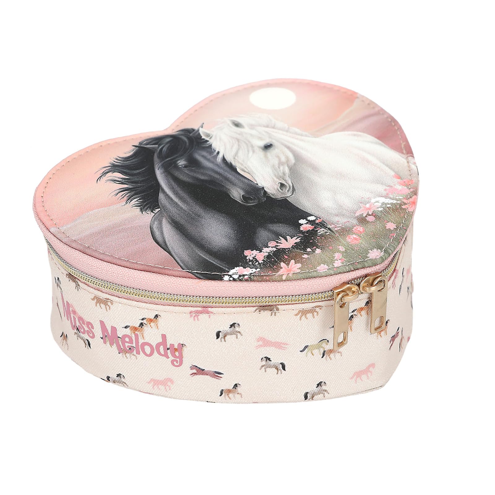 Depesche 13969 Miss Melody Blossom Pony Mini Heart Shaped Jewellery Box in Pink with Horse Motif, Flowers and Horse Pattern, Jewellery Box with Hinged Lid and Mirror