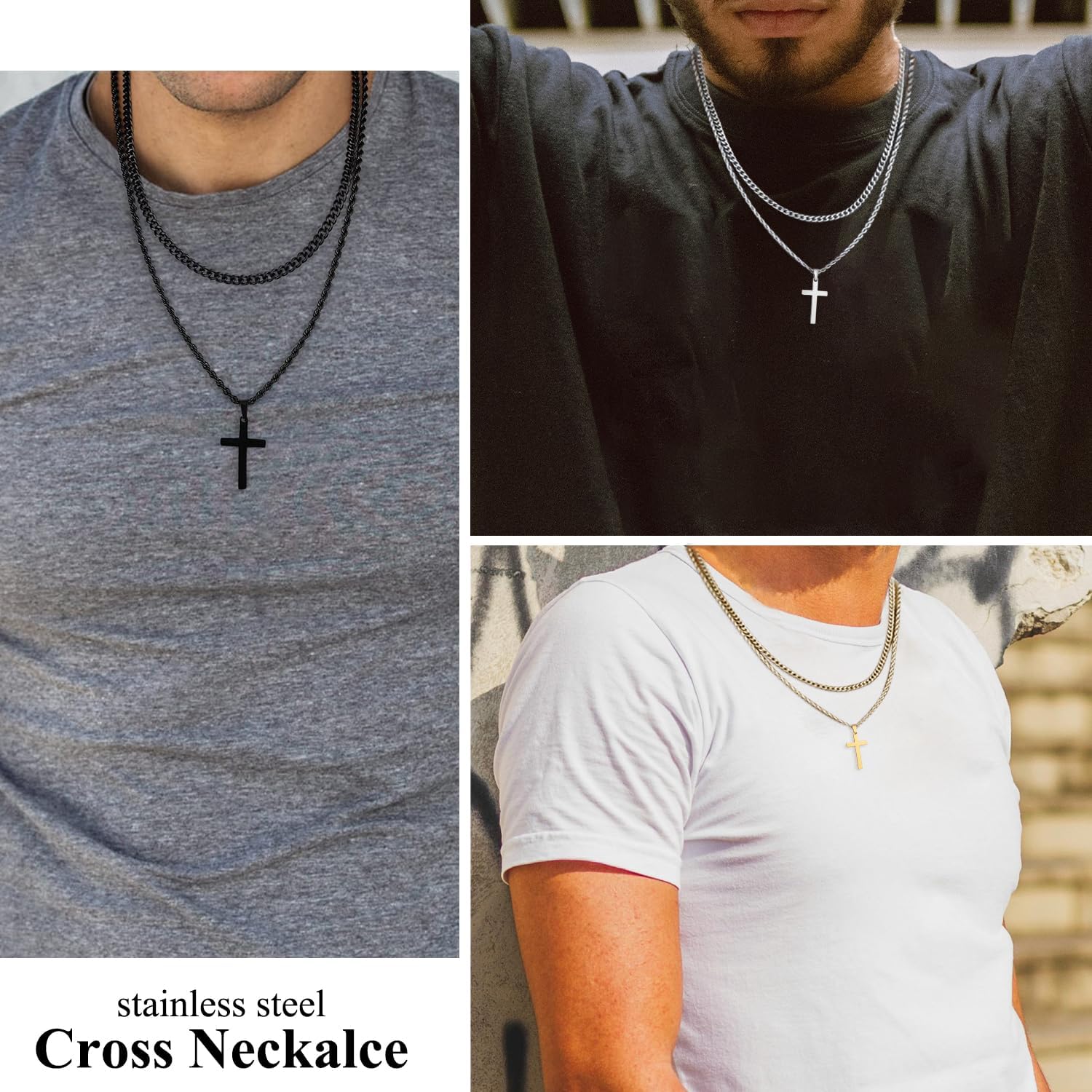 Stainless Steel Cross Necklace for Men Cuban Link Chain Crucifix Religious Jewelry with Silver/Black/Gold Color - Image 3